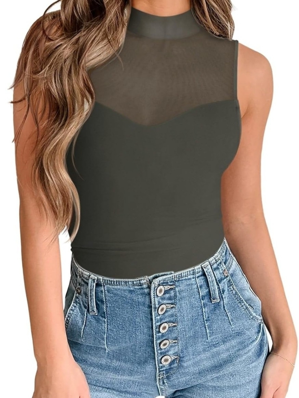 Nwt PINKMSTYLE Sleeveless Mock Turtle Neck Mesh Sheer Bodysuit S P2p12 L25